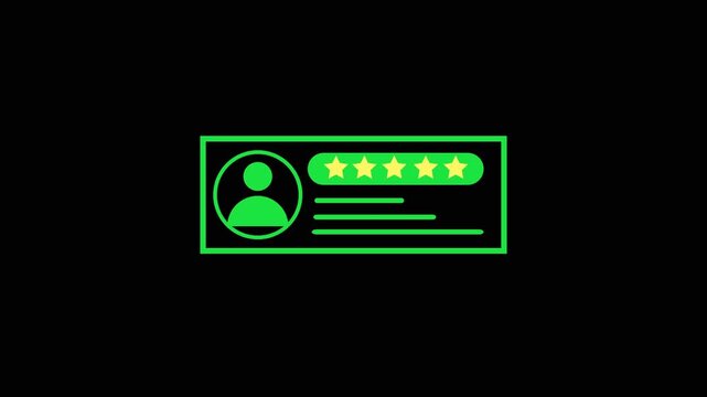 User profile icon glows green with five stars. This user profile icon signifies top tier customer rating. User profile icon animation for service and retail reviews.
