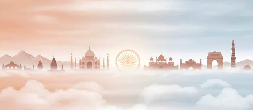 Indian landmark skyline with Ashoka chakra rising above misty cloud