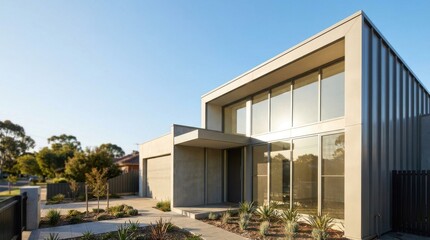 Fototapeta premium Modern Living: Modern house exterior with clean geometric facade reflecting sunlight in suburban neighborhood 