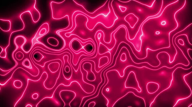 Topographic lines glow pink in an abstract pattern. These topographic lines represent a digital terrain map. Topographic lines animation for geography and tech themes.