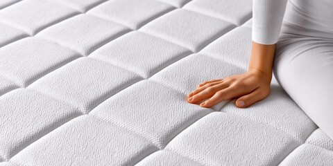 Naklejka premium Close-up of a hand pressing into a soft, white mattress with a quilted grid pattern