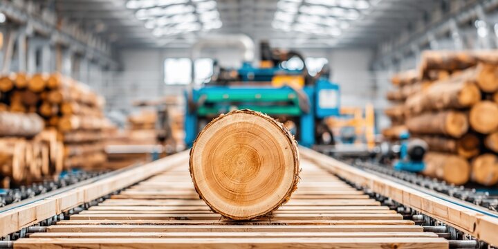 Lumber mill processing freshly cut timber logs