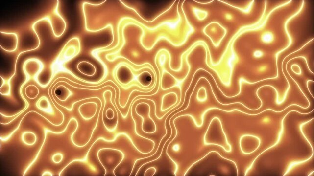Topographic lines glow orange in a fiery pattern. These topographic lines represent heat or energy maps. Topographic lines animation for geography and science themes.