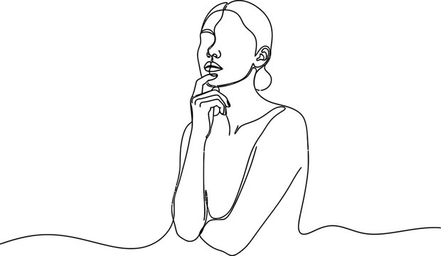 Minimalist line art of a pensive woman with hand on chin, elegant sketch, thoughtful pose