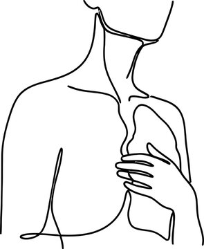 Minimalist line art of a woman's chest with hand on heart, elegant and abstract portrait