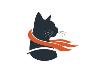 Black cat silhouette with blowing orange scarf minimalist design © sri
