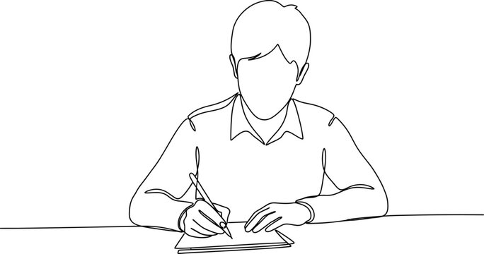 Person writing on paper with pen, single line drawing, minimalist, focused, focused on work