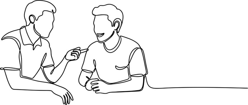 Two men talking, one pointing, continuous line art style