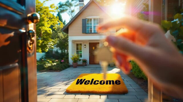 Hand holding key with house keychain in front of sunlit home