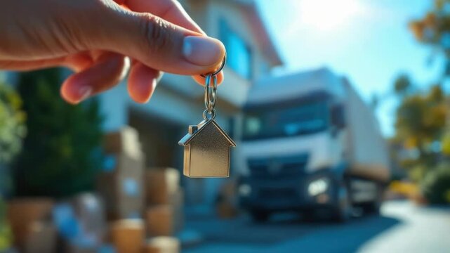 Hand holding house keychain with moving truck and boxes in background