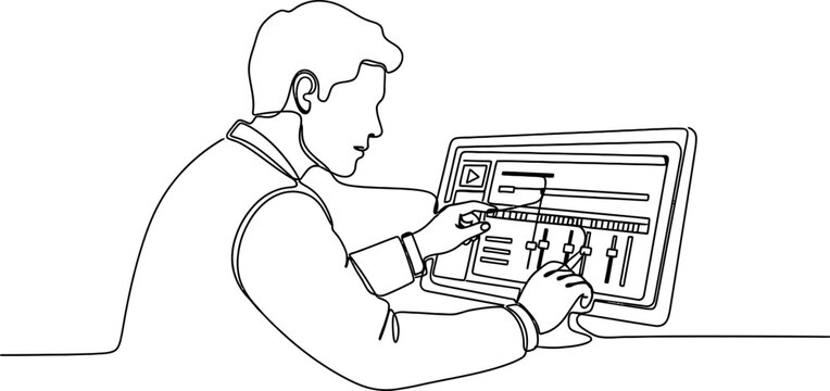 Man using video editing software on tablet, timeline control, sliders, audio mixing
