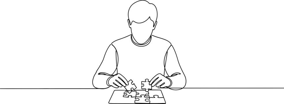 Person assembling jigsaw puzzle, concept of problem-solving, logic, and focus