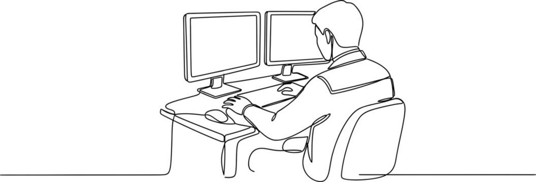 Continuous line drawing of a person working on a dual monitor computer setup.