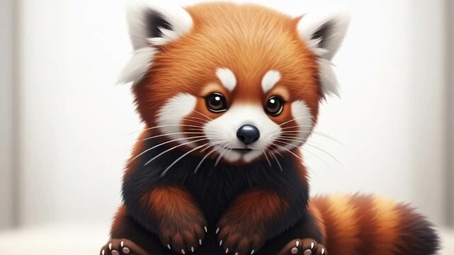 A cute young red panda mammal with brown fur sits as a wild creature on a wooden background in this close-up front view of the wildlife animal