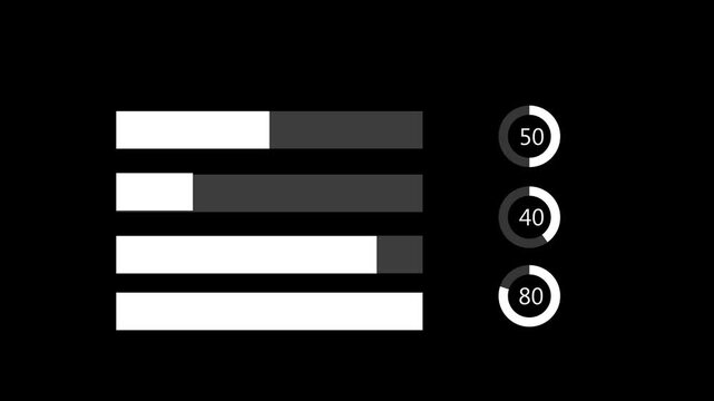 Bar chart features circular progress indicators on black. This bar chart tracks multiple data performance sets. Bar chart animation for business and analytics displays.