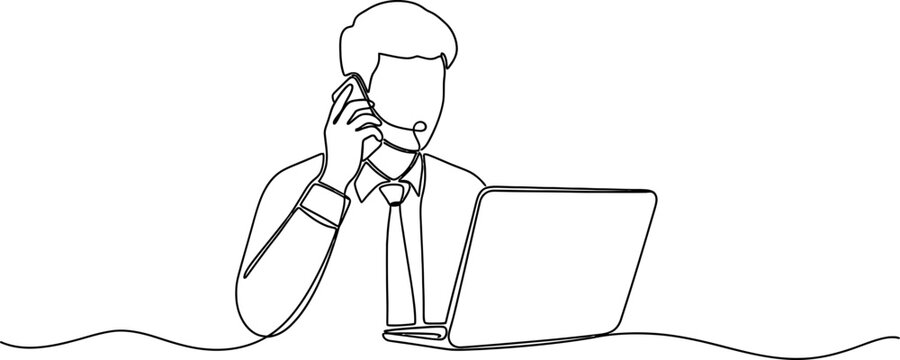 Continuous line drawing of a man on the phone with a headset and laptop, business concept.
