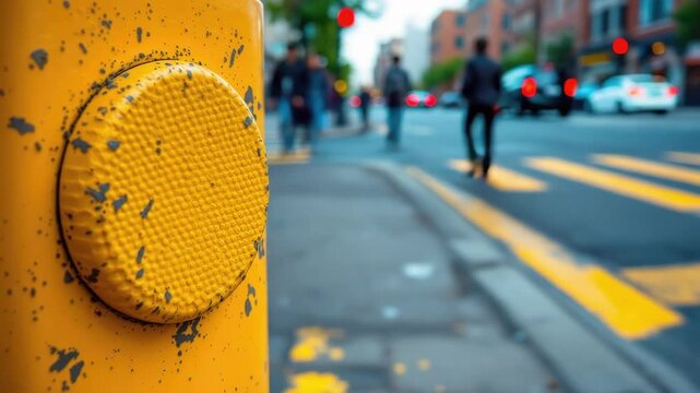 Yellow crosswalk button with urban street scene in background
