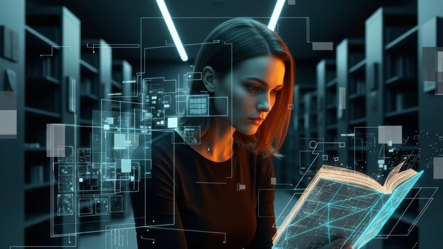Woman reading digital book with holographic display. Future of education and knowledge access. Innovative technology for learning concept.