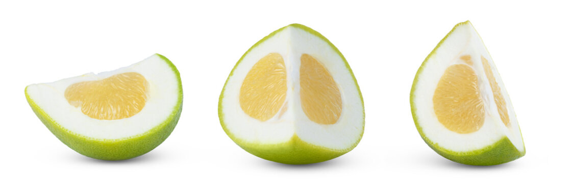 Citrus sweetie grapefruit fruit slices set. Pomelo, pomelit or Oroblanco citrus fruit slice isolated collection.
