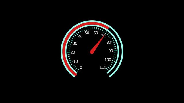 Speedometer gauge features a red moving needle. This speedometer gauge represents high velocity and acceleration. Speedometer gauge animation for car and tech clips.