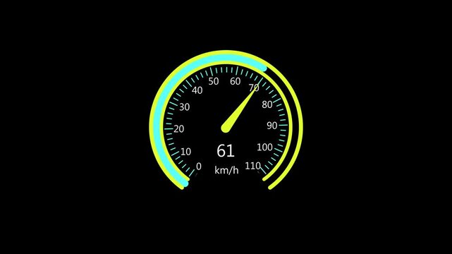 Speedometer gauge glows with yellow and cyan accents. This speedometer gauge tracks digital data speed. Speedometer gauge animation for internet and tech themes.