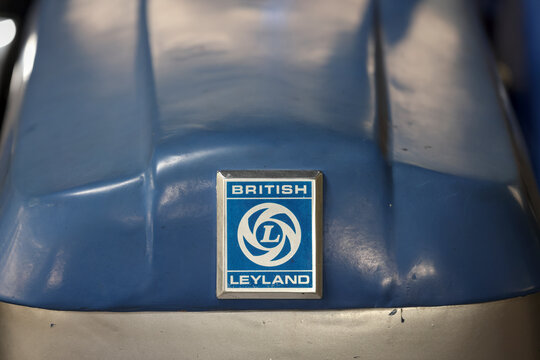 Perth, Western Australia, Australia - May 3 2026: 1977 Leyland 154. Close-up vintage tractor logo, emblem, symbol, brand name. Blue color. Industrial heritage, antique farming, agriculture history