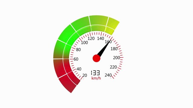 Speedometer gauge reaches a hundred kmh reading. This speedometer gauge indicates a high performance level. Speedometer gauge animation for driving and sport themes.