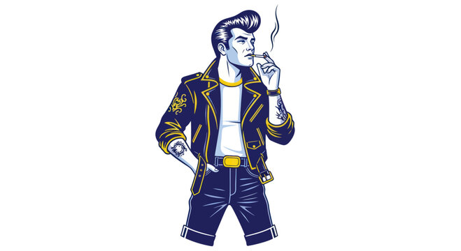 1950s Rockabilly Man Smoking Cigarette, Leather Jacket, Retro Style Illustration
