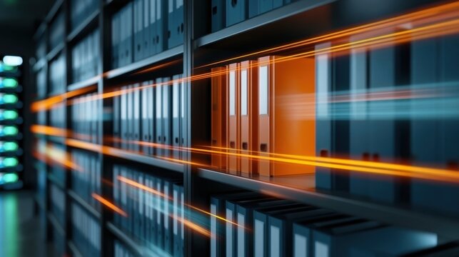 Modern storage system with organized files in binders on shelves showing data flow and efficiency concept in office environment