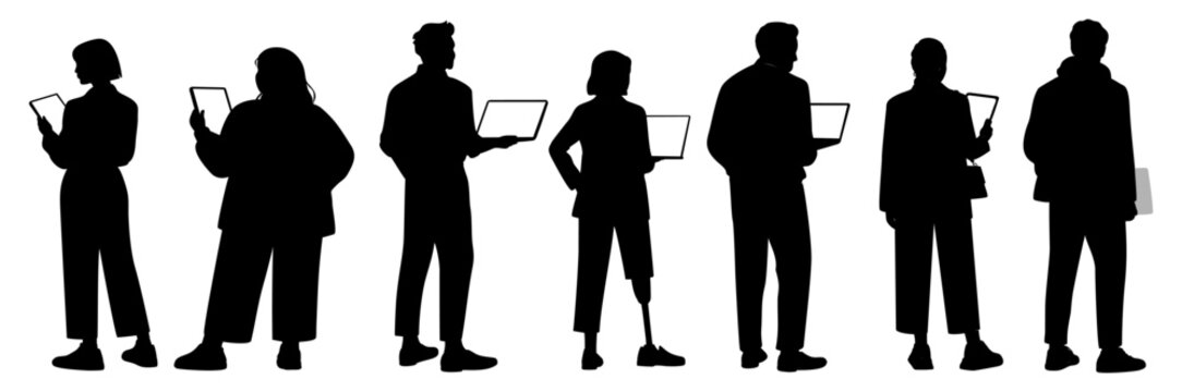 Silhouettes of people holding devices. They stand in various poses, showing different interactions. No facial expressions visible, emphasizing anonymity. Ideal for themes like technology, business