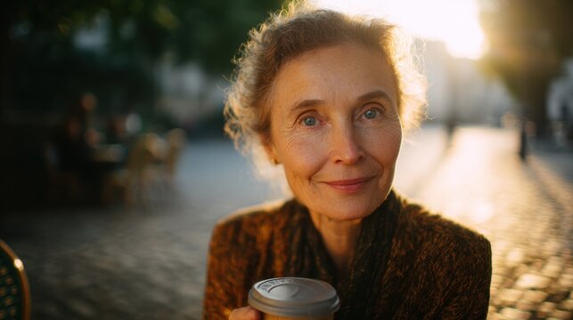 Woman holding coffee cup in city square during sunset hour
