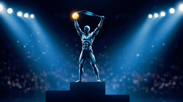 Man in athletic pose holding golden medal on winner podium. Sport achievement and success concept for competition event.