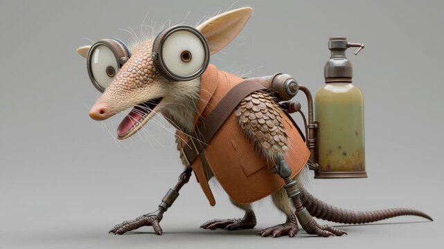 Cartoon character resembling a small mammal with large glasses and a backpack walks across a plain background, showcasing a whimsical design and unique features in a playful manner
