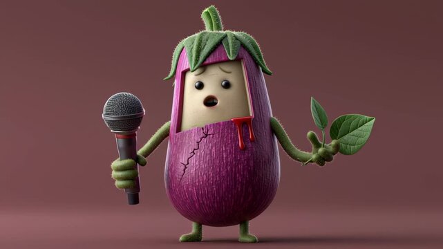 Cartoon eggplant character holding a microphone and a leaf, displaying a range of expressions with a cracked surface against a solid background