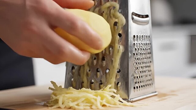 Closeup of hands grating a potato on a metal grater for cooking.