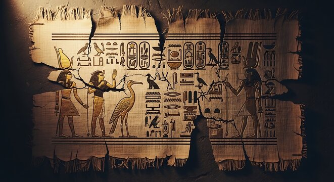 Ancient egyptian papyrus scroll with hieroglyphics and traditional deity illustrations, featuring golden figures of gods and symbolic writing on textured parchment