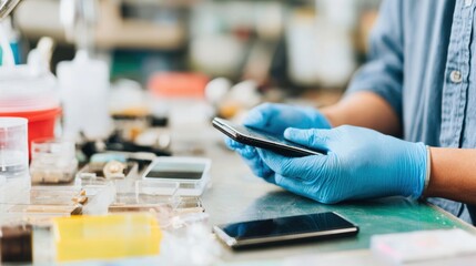 Fototapeta premium Person in gloves checks smartphone in a workspace with tools and materials
