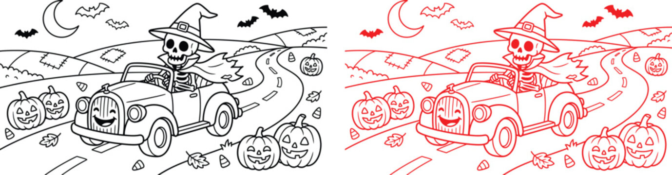 Cute skeleton driving car , Halloween line art coloring page, ready to print
