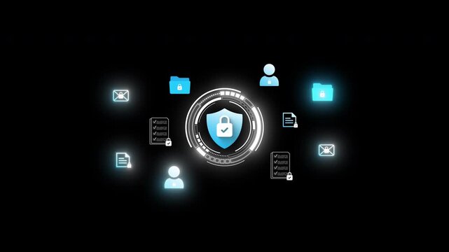 A businessman works on his laptop at home with a virtual display showing a symbol to signify cyber security privacy and online data protection&nbsp;