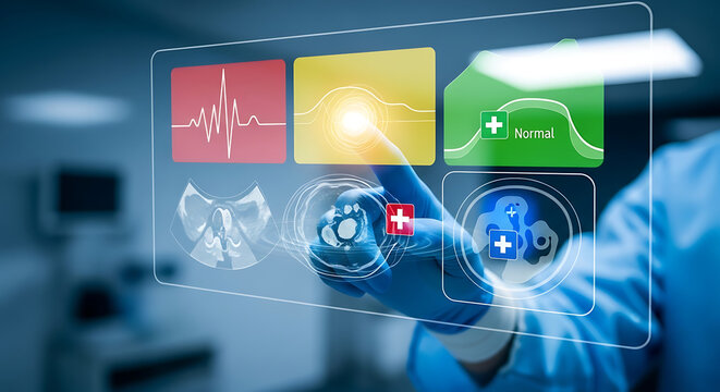 Digital medical interface with health data and ultrasound images in futuristic setting