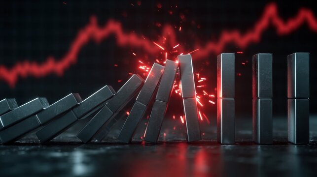 Metallic domino pieces falling in sequence with a glowing red impact and dynamic line graph in background symbolizing financial collapse and economic risk management