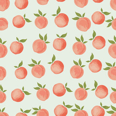 Obraz premium Hand painted watercolor peach seamless pattern featuring soft pastel peaches and green leaves.
