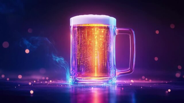 Neon beer mug with glowing foam and fizzing bubbles in low light ambience. Saint Patrick's Day, St Paddy's Day, St Patty's Day - Irish National Holiday and Cultural Celebration