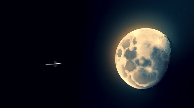 Realistic full moon with detailed surface textures, orbiting satellite in dark starry sky, lunar exploration backdrop, astronomy wallpaper, , moon music party Artemis universe explore style