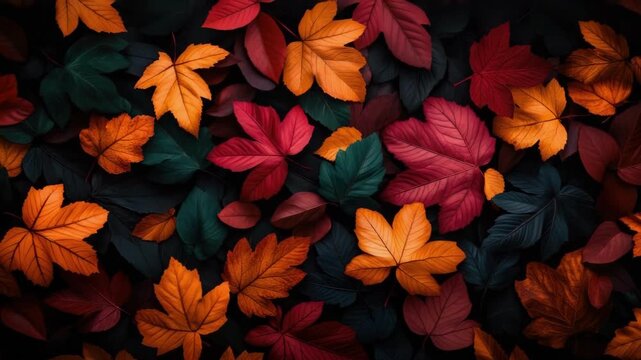 Colorful autumn leaves pattern with vibrant red, orange, and green foliage