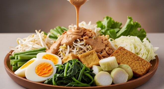 Pouring peanut sauce on traditional Indonesian gado gado salad
