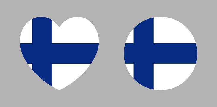 Finland national flag round, heart icon, sticker.  Set of Finland flag circle, heart badge, background. Flag of Finland button, banner. National sign.