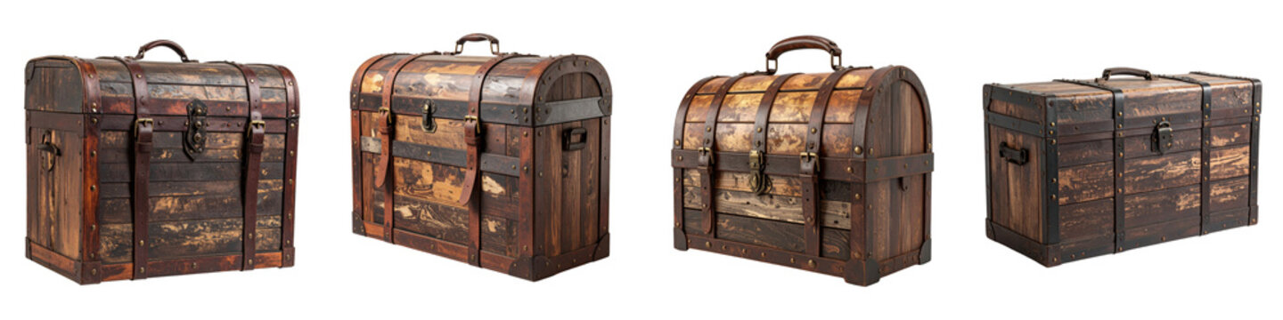 Collection of rustic wooden treasure chests with leather straps and metal buckles