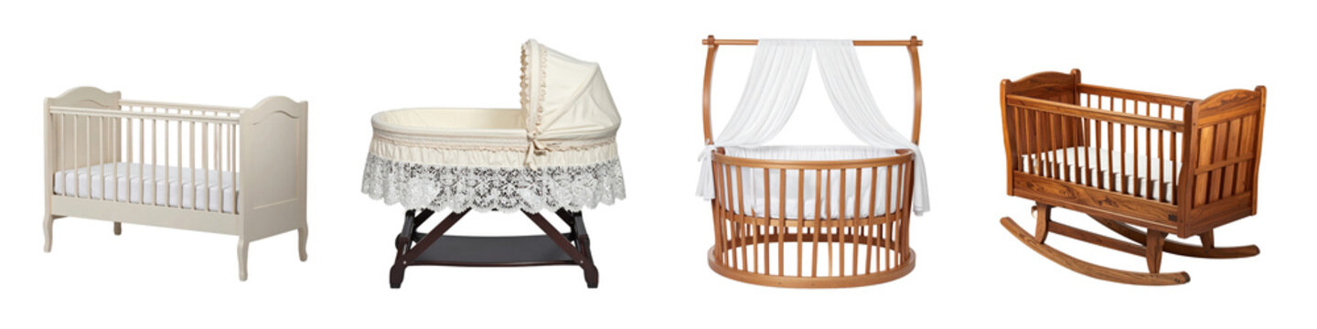 Four different styles of wooden baby cribs and bassinets arranged in  row