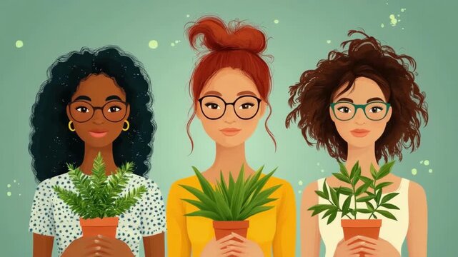 Diverse young women holding plants in a colorful illustration. International Women's Day, March 8th, IWD - Global Feminine Celebration, Women's Rights Day